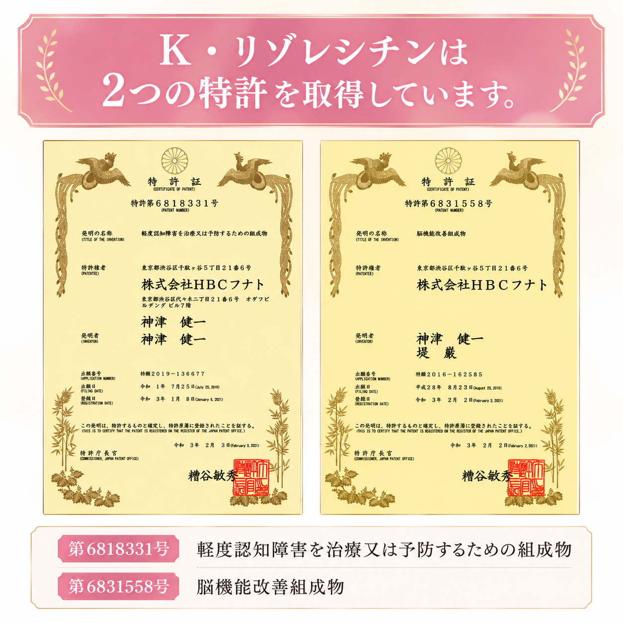 K・リゾレシチンは2つの特許を取得しています